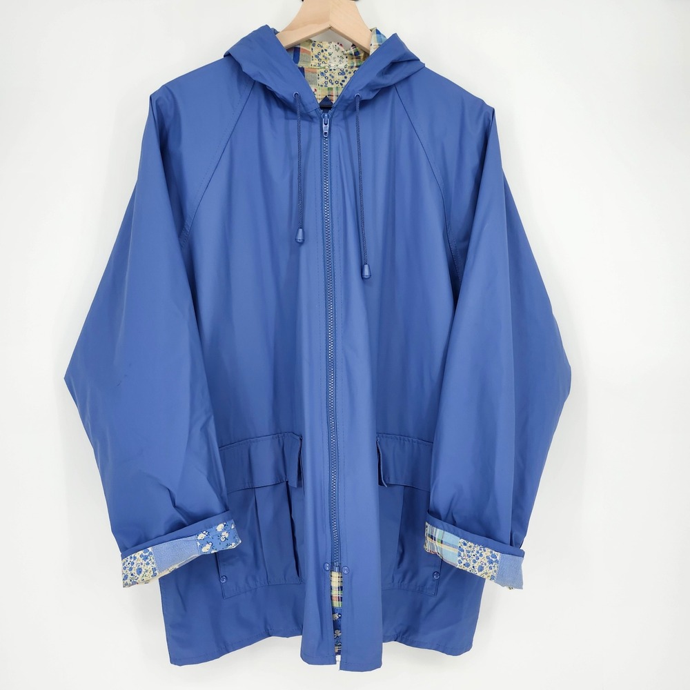 Misty Harbor Womens Blue Floral Plaid Patchwork Rain Jacket Size L Hooded Lined